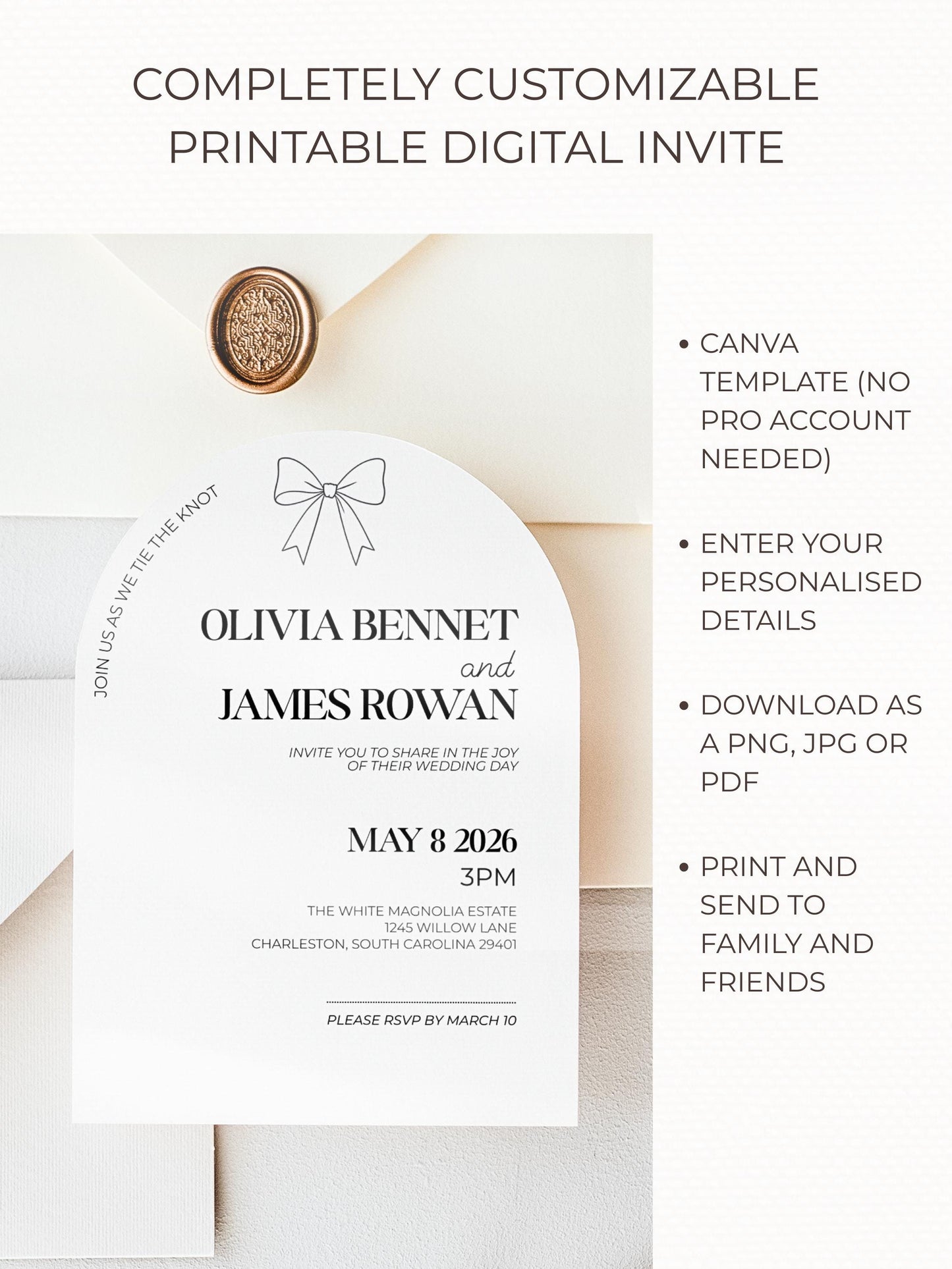 Modern Arch Wedding Invitation (Instant Download Editable Canva Template), Printable Digital Invite, Minimalist Elegant Bow Design
