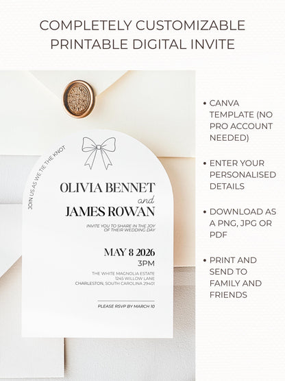 Modern Arch Wedding Invitation (Instant Download Editable Canva Template), Printable Digital Invite, Minimalist Elegant Bow Design