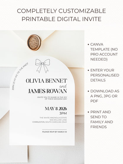 Modern Arch Wedding Invitation (Instant Download Editable Canva Template), Printable Digital Invite, Minimalist Elegant Bow Design