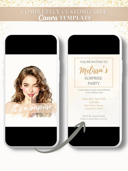 Animated Surprise Party Invitation - Modern Playful Custom Digital Evite (Instant Download Editable Canva Template), Secret Birthday Invite