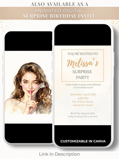 Surprise Party Invitation Template, Editable Canva Birthday Invite, Instant Digital Download, Printable Secret Party Customizable Invite