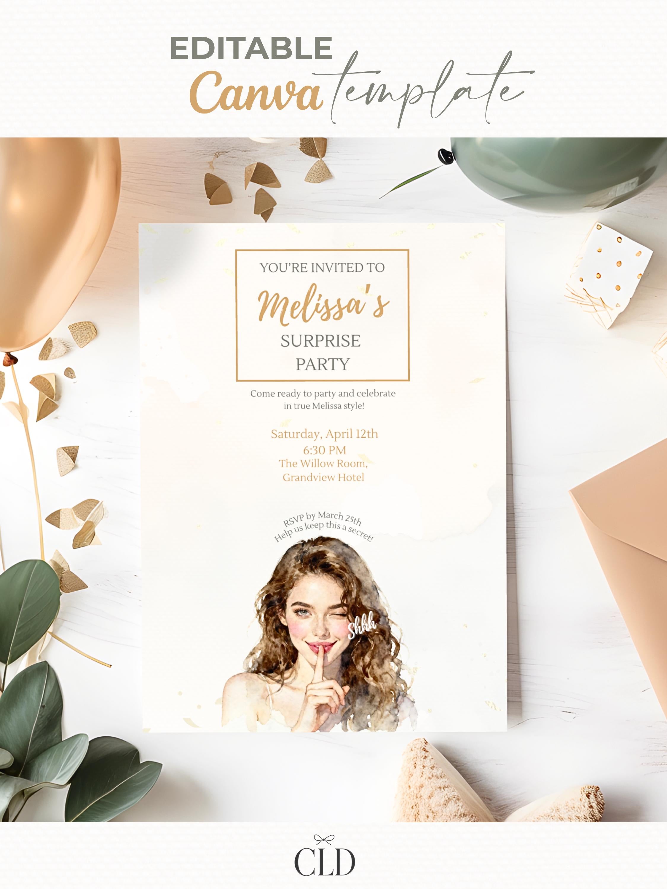 Surprise Party Invitation Template, Editable Canva Birthday Invite, Instant Digital Download, Printable Secret Party Customizable Invite