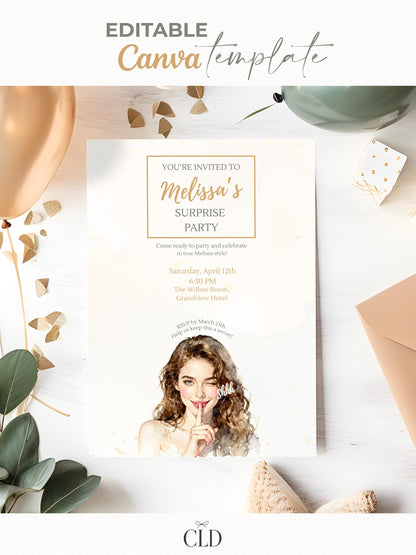 Surprise Party Invitation Template, Editable Canva Birthday Invite, Instant Digital Download, Printable Secret Party Customizable Invite
