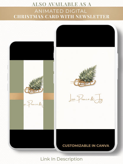 Editable Christmas Card with Newsletter - Modern Minimalist Tree Holiday Card Template, Canva Printable or Digital Family Greeting