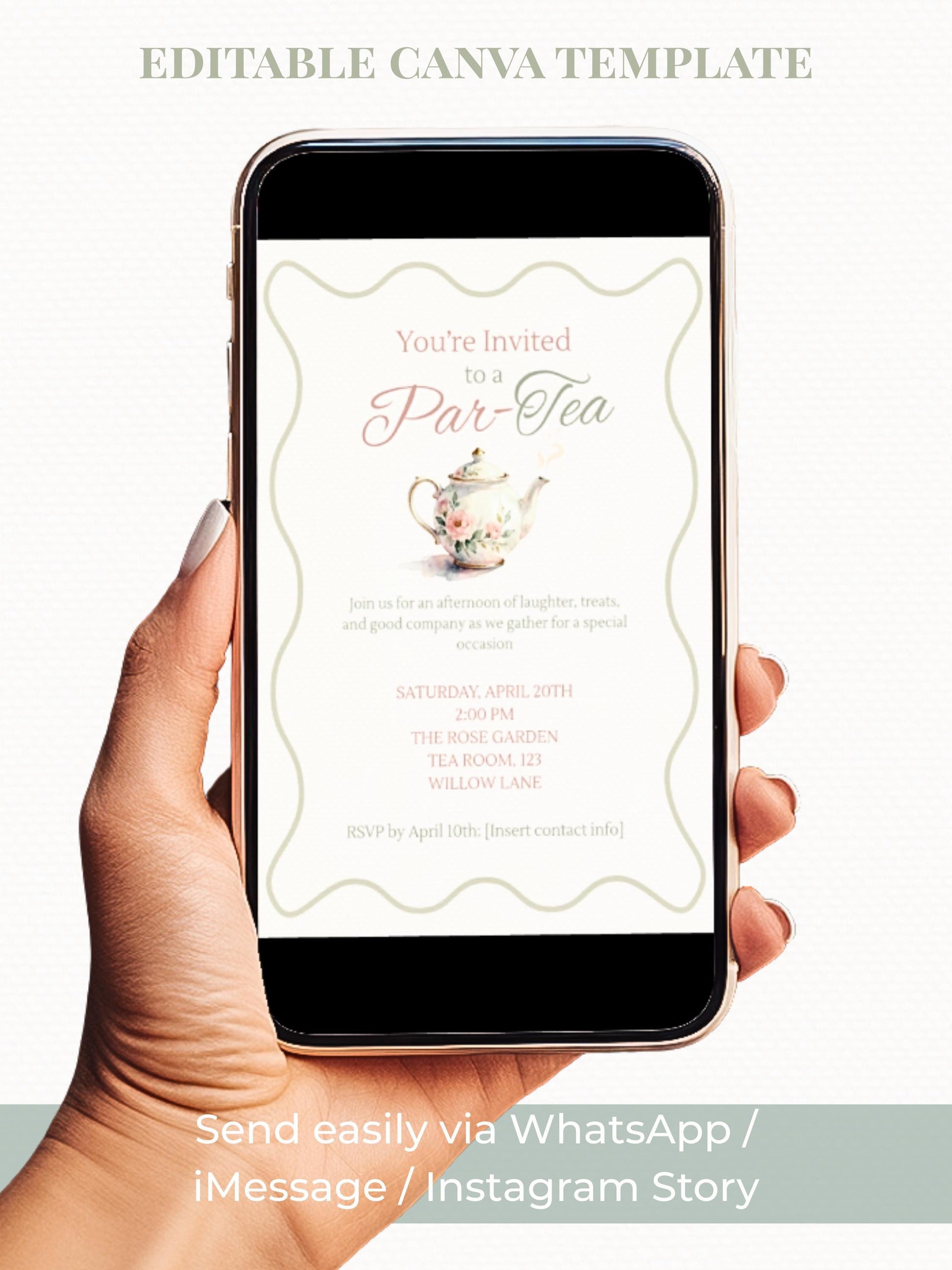 Animated Tea Party Invitation (Instant Download Editable Digital Canva Template) - Afternoon Tea, Birthday, Garden, Bridal Events Evite