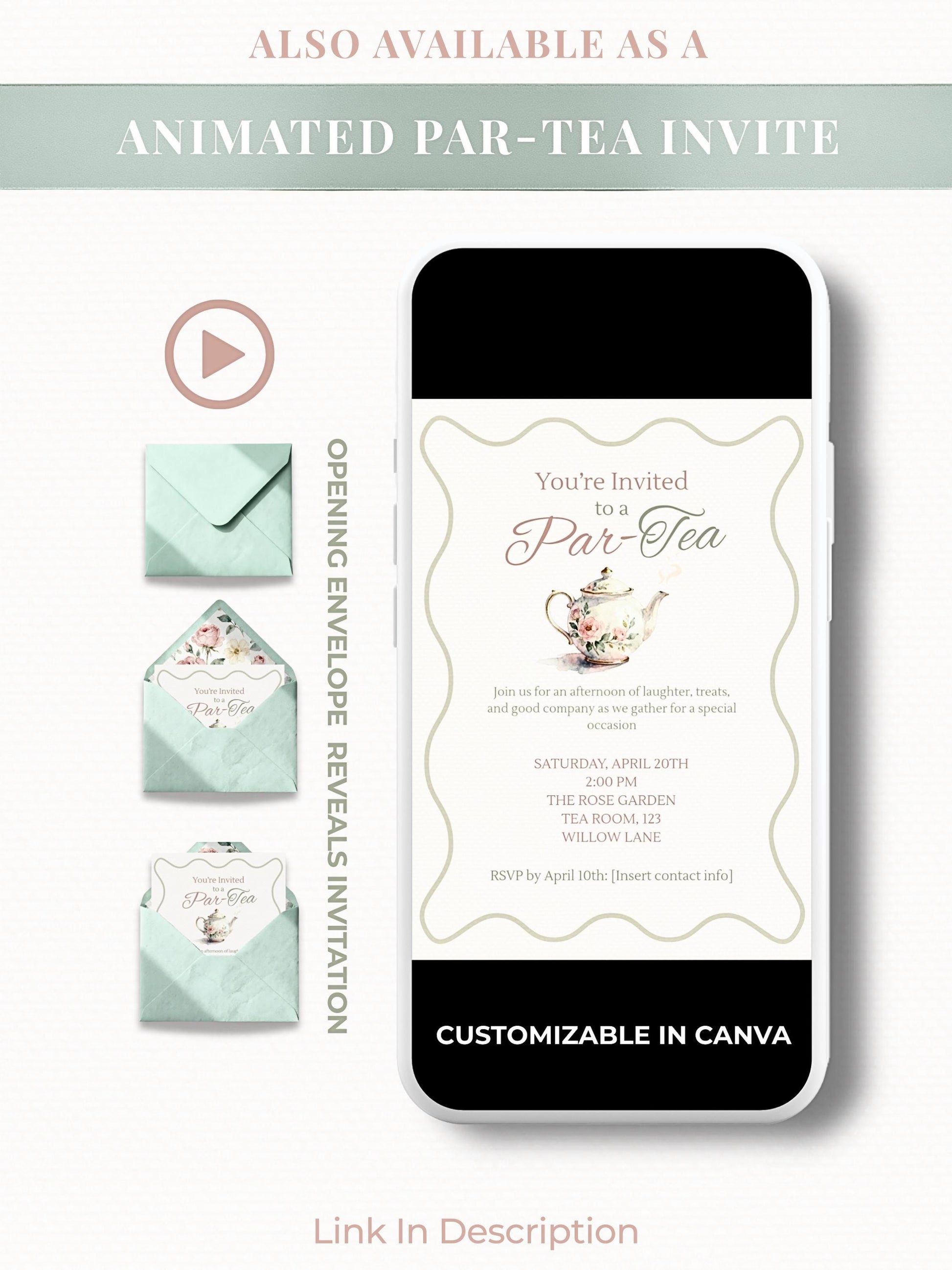 Editable Tea Party Invitation - Afternoon Tea, Birthday, Garden, Bridal Events Evite (Instant Download Printable Digital Canva Template)