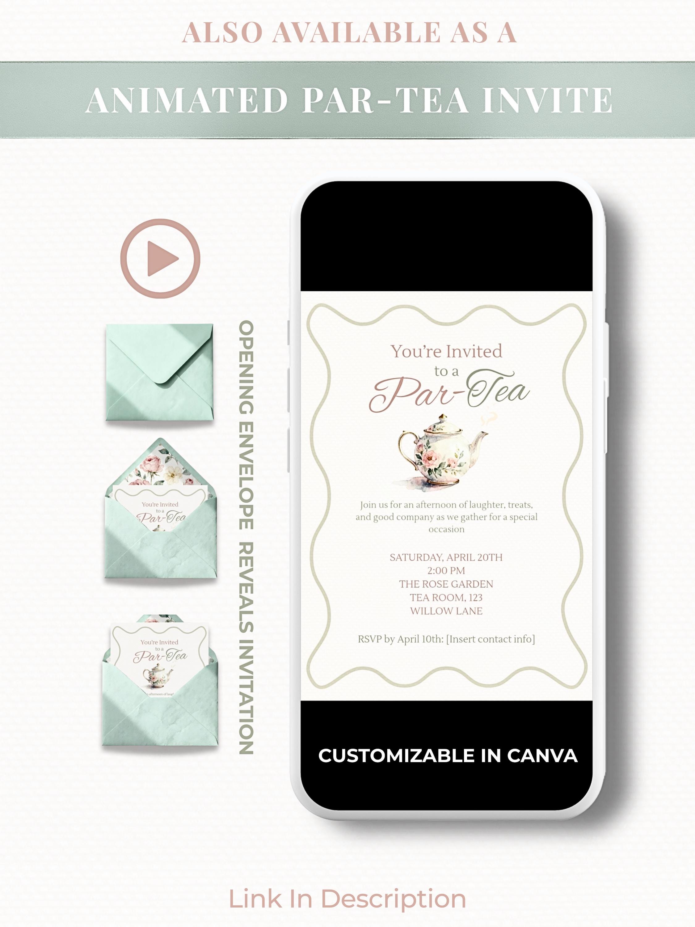 Editable Tea Party Invitation - Afternoon Tea, Birthday, Garden, Bridal Events Evite (Instant Download Printable Digital Canva Template)