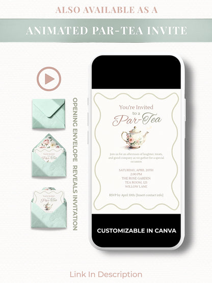 Editable Tea Party Invitation - Afternoon Tea, Birthday, Garden, Bridal Events Evite (Instant Download Printable Digital Canva Template)