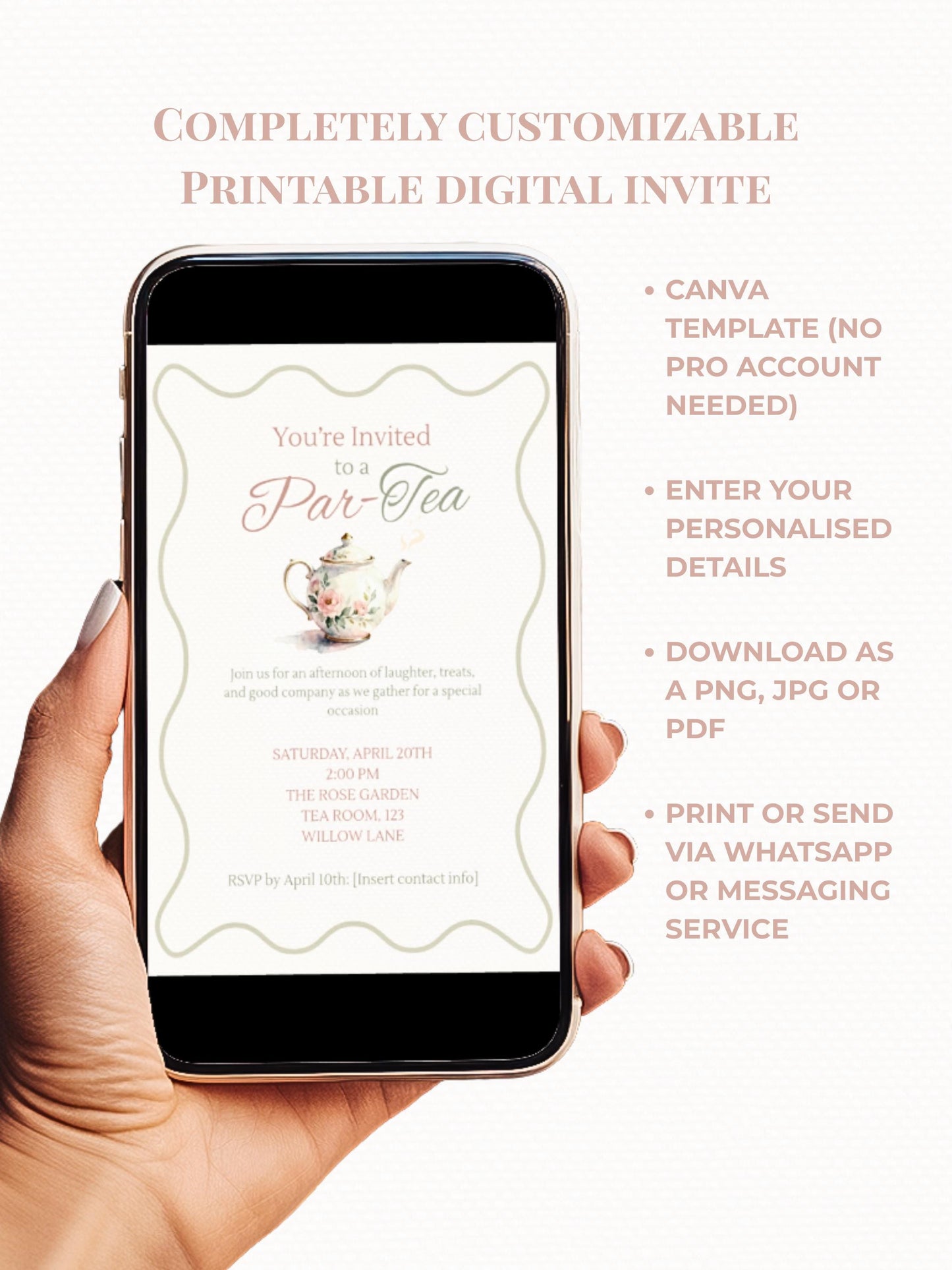 Editable Tea Party Invitation - Afternoon Tea, Birthday, Garden, Bridal Events Evite (Instant Download Printable Digital Canva Template)
