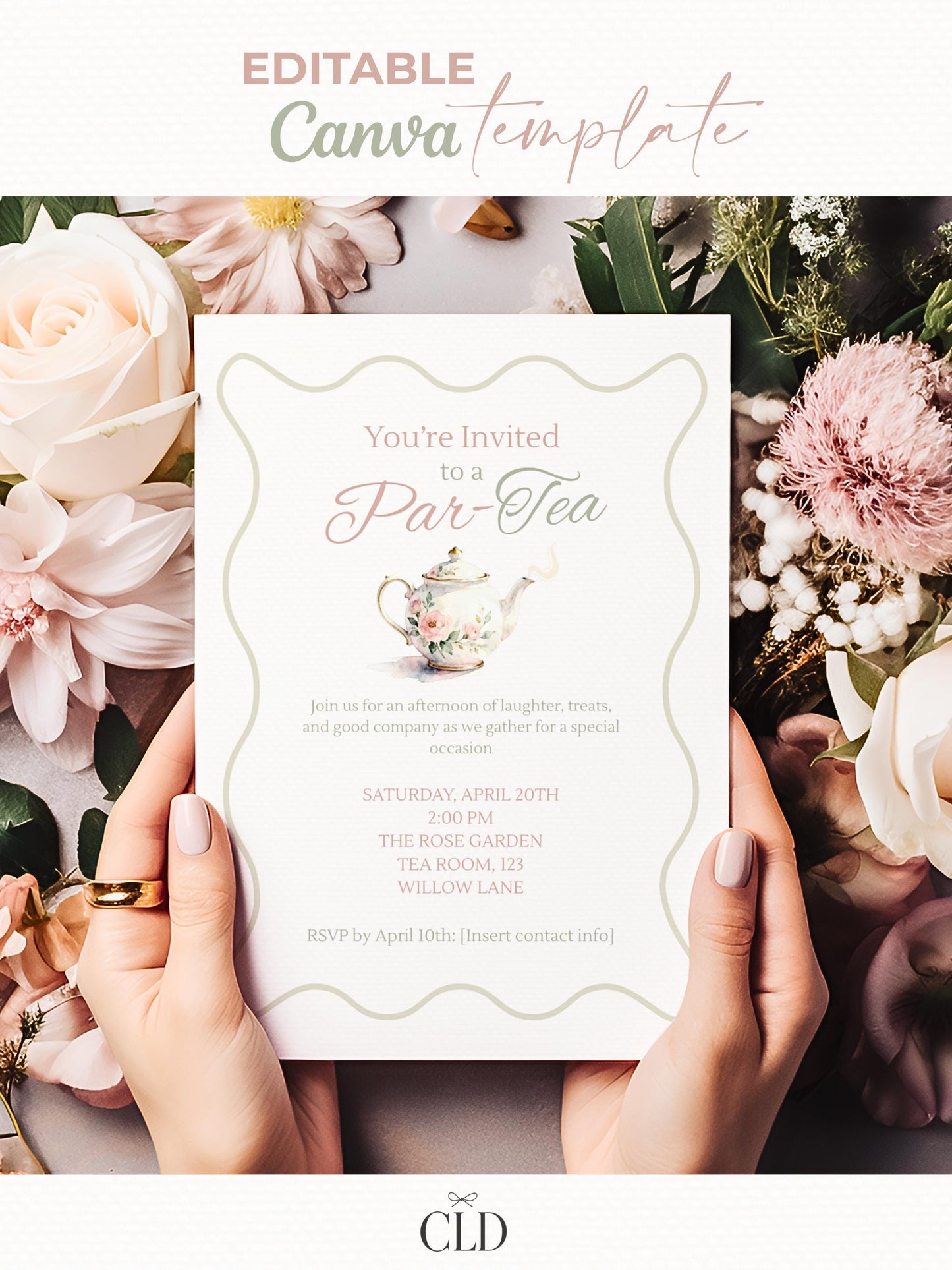 Editable Tea Party Invitation - Afternoon Tea, Birthday, Garden, Bridal Events Evite (Instant Download Printable Digital Canva Template)
