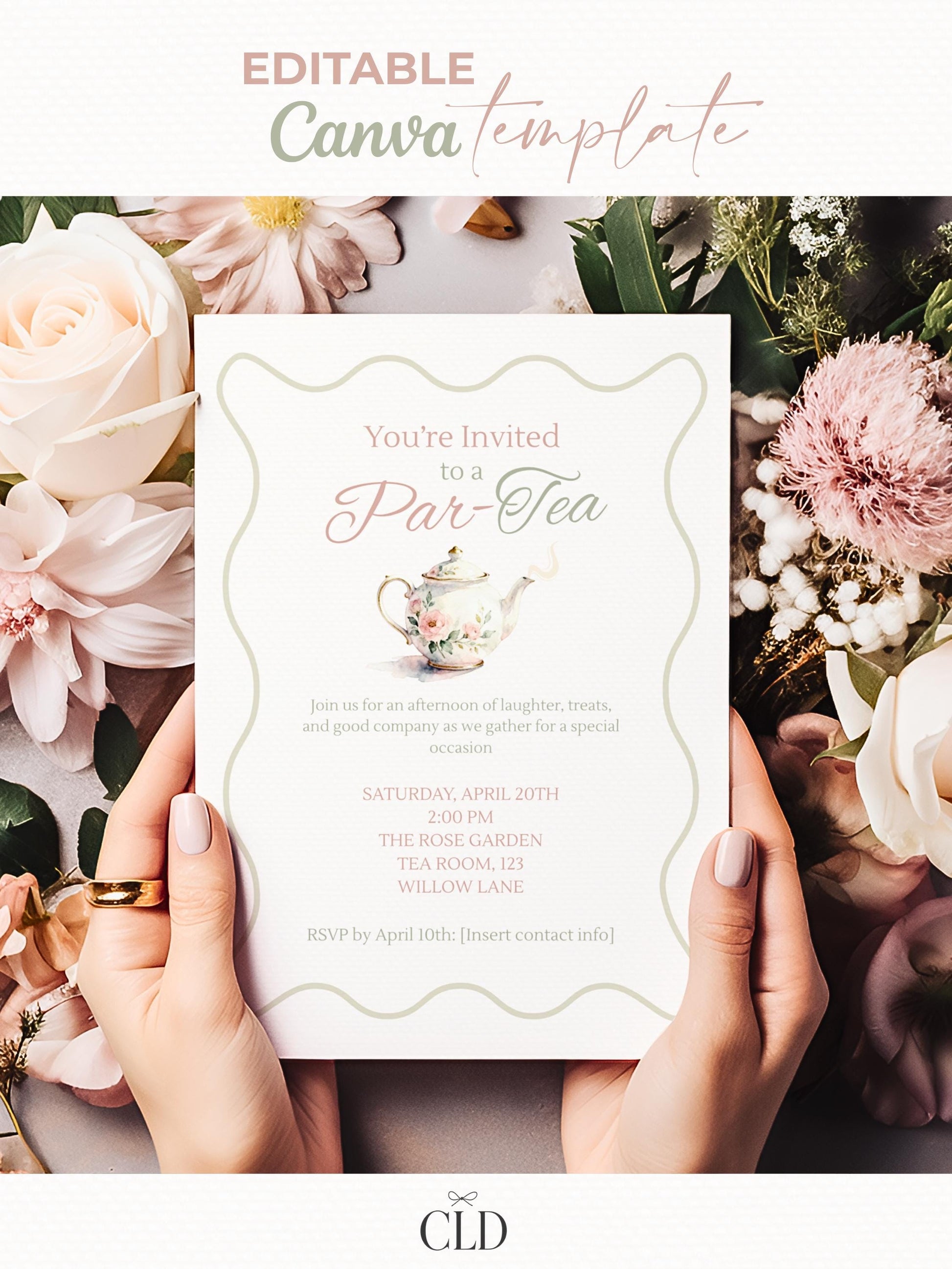 Editable Tea Party Invitation - Afternoon Tea, Birthday, Garden, Bridal Events Evite (Instant Download Printable Digital Canva Template)