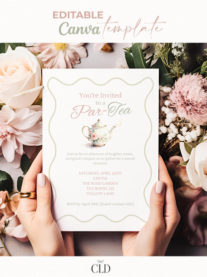 Editable Tea Party Invitation - Afternoon Tea, Birthday, Garden, Bridal Events Evite (Instant Download Printable Digital Canva Template)