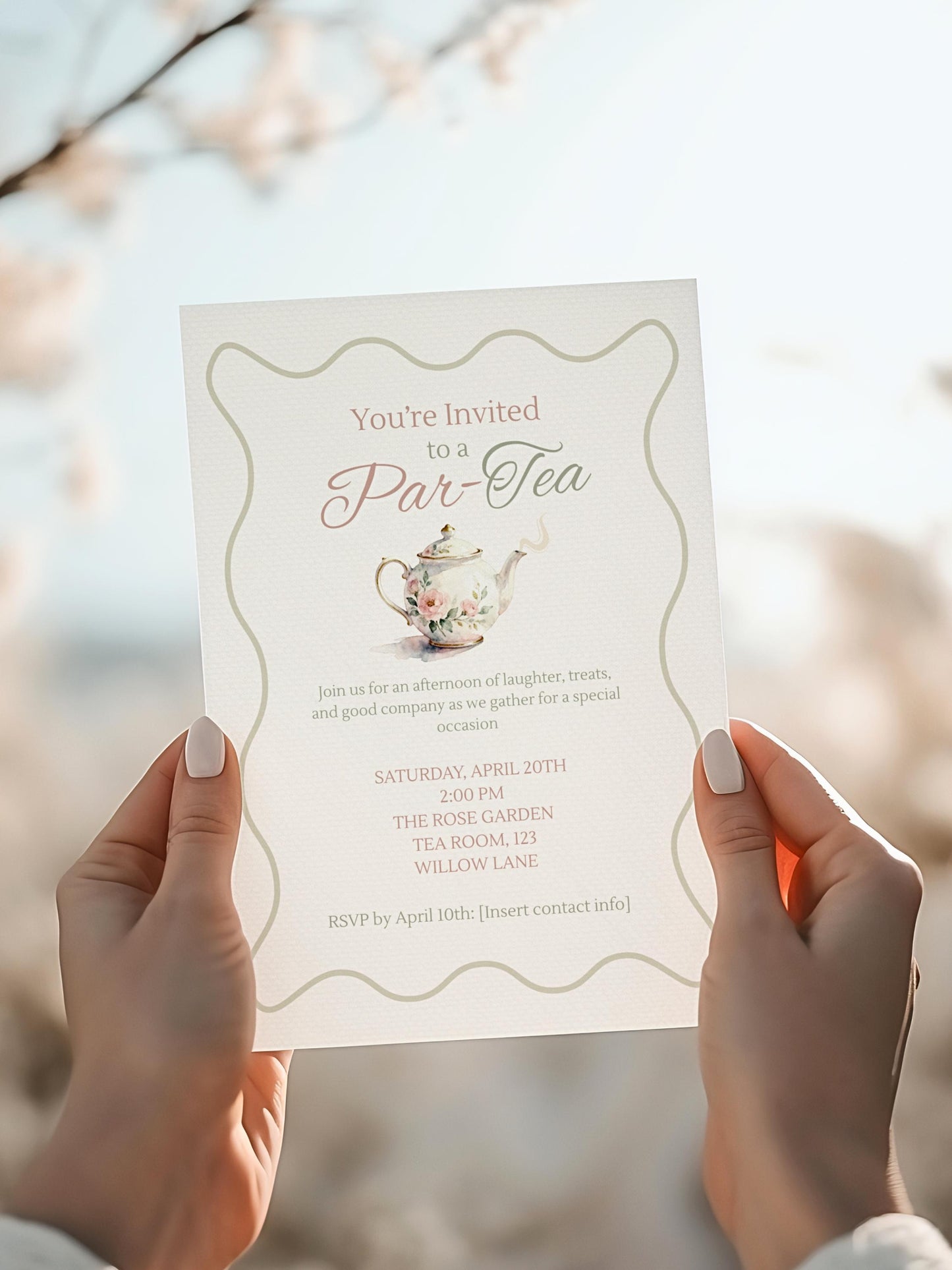 Editable Tea Party Invitation - Afternoon Tea, Birthday, Garden, Bridal Events Evite (Instant Download Printable Digital Canva Template)