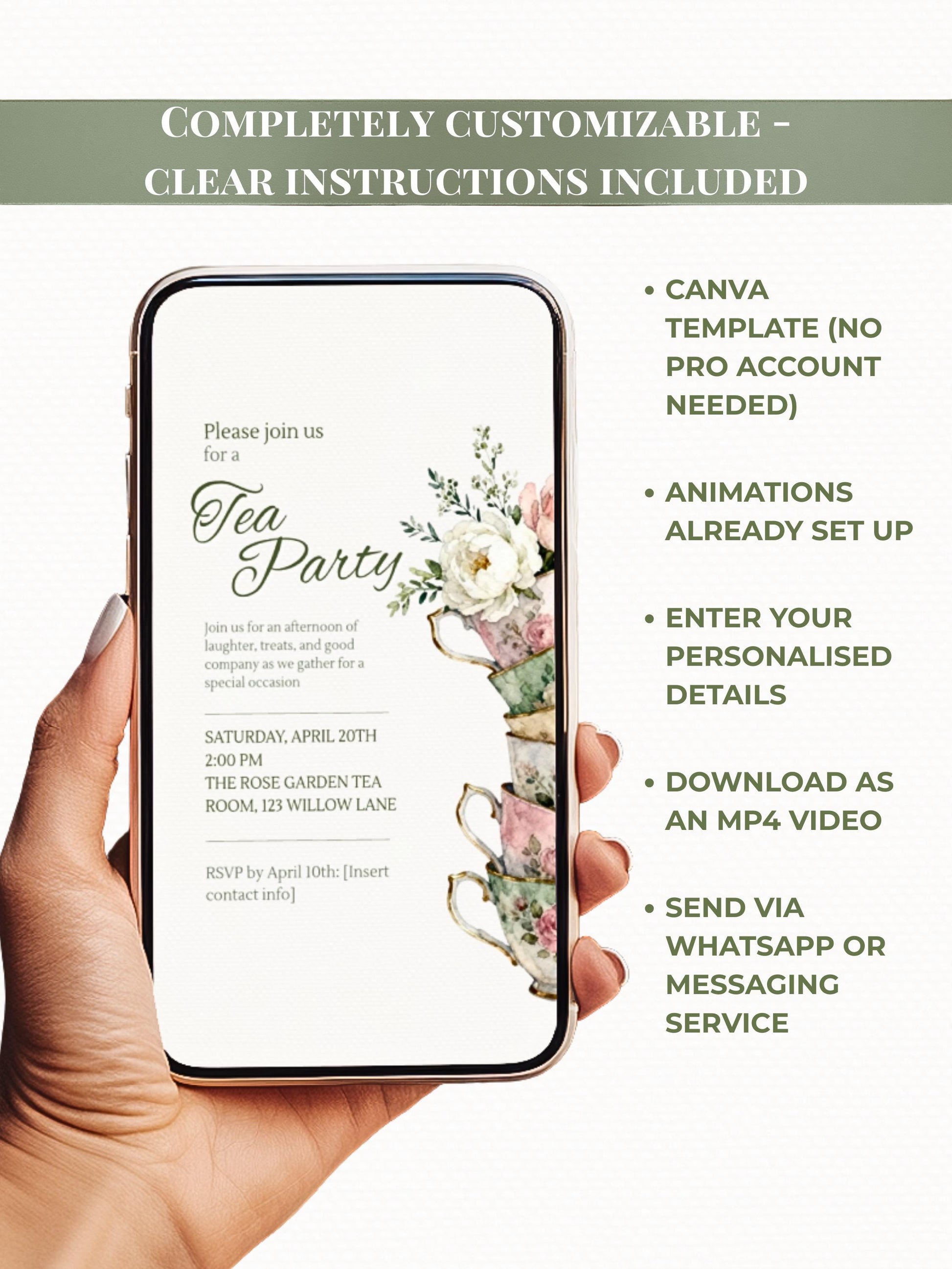 Animated Tea Party Invitation, Digital Evite (Instant Download Customizable Canva Template) Send via WhatsApp or iMessage: Birthday, Garden