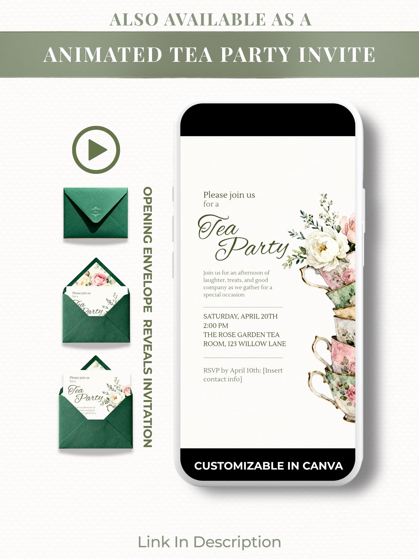 Tea Party Invitation Template, Editable Canva Invite, Floral Teacup Printable, Garden Party, Bridal Evite, Baby Shower, Instant Download