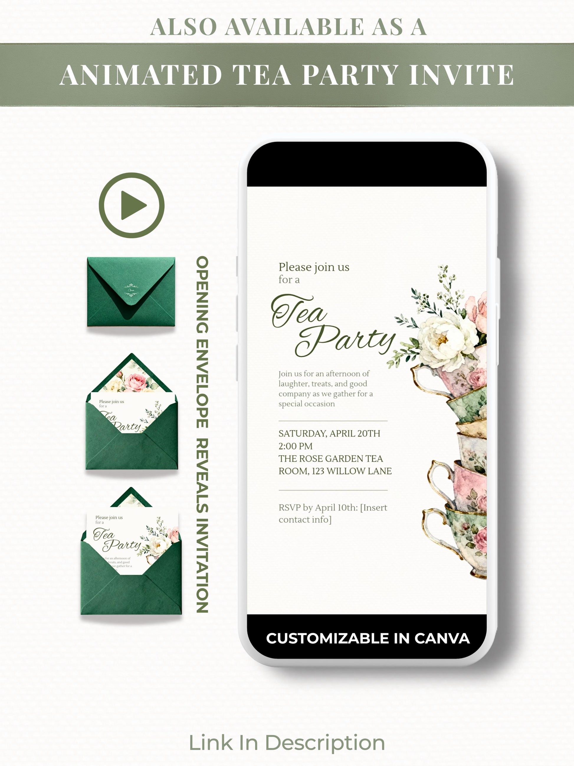 Tea Party Invitation Template, Editable Canva Invite, Floral Teacup Printable, Garden Party, Bridal Evite, Baby Shower, Instant Download