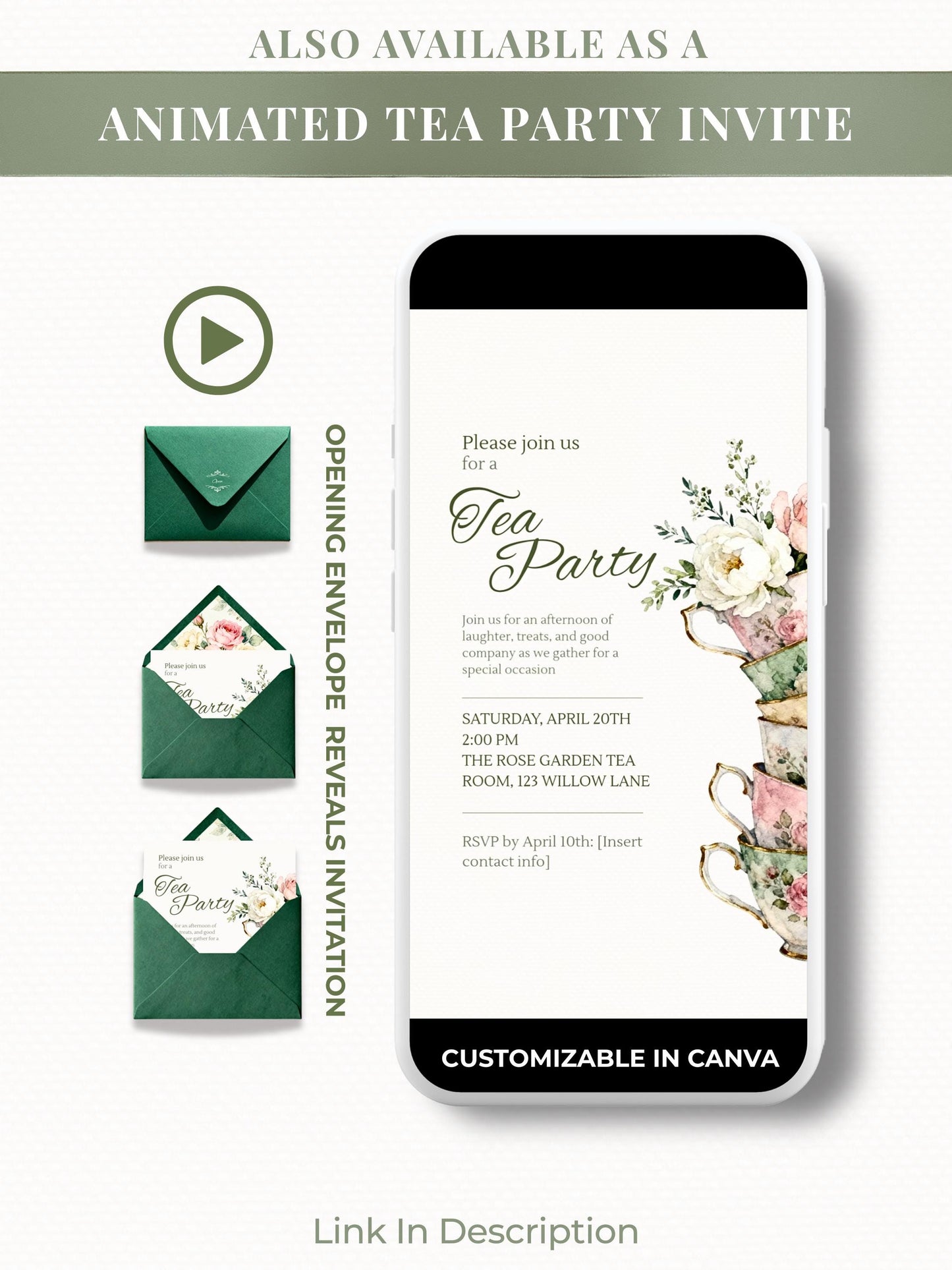 Tea Party Invitation Template, Editable Canva Invite, Floral Teacup Printable, Garden Party, Bridal Evite, Baby Shower, Instant Download