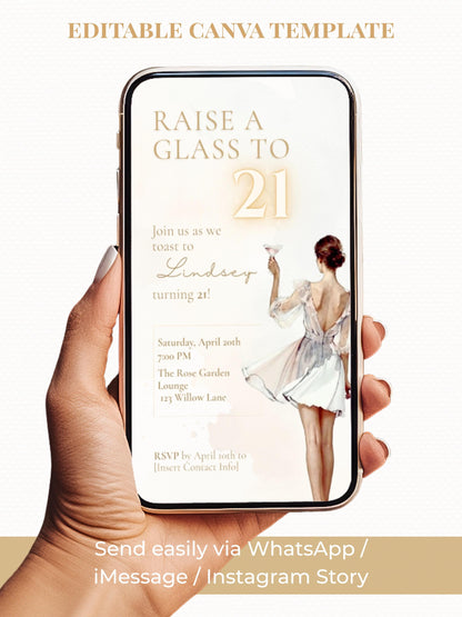 Animated 21st Birthday Invitation (Instant Download Editable Canva Template) Raise a Glass Champagne Theme Evite for WhatsApp or Text