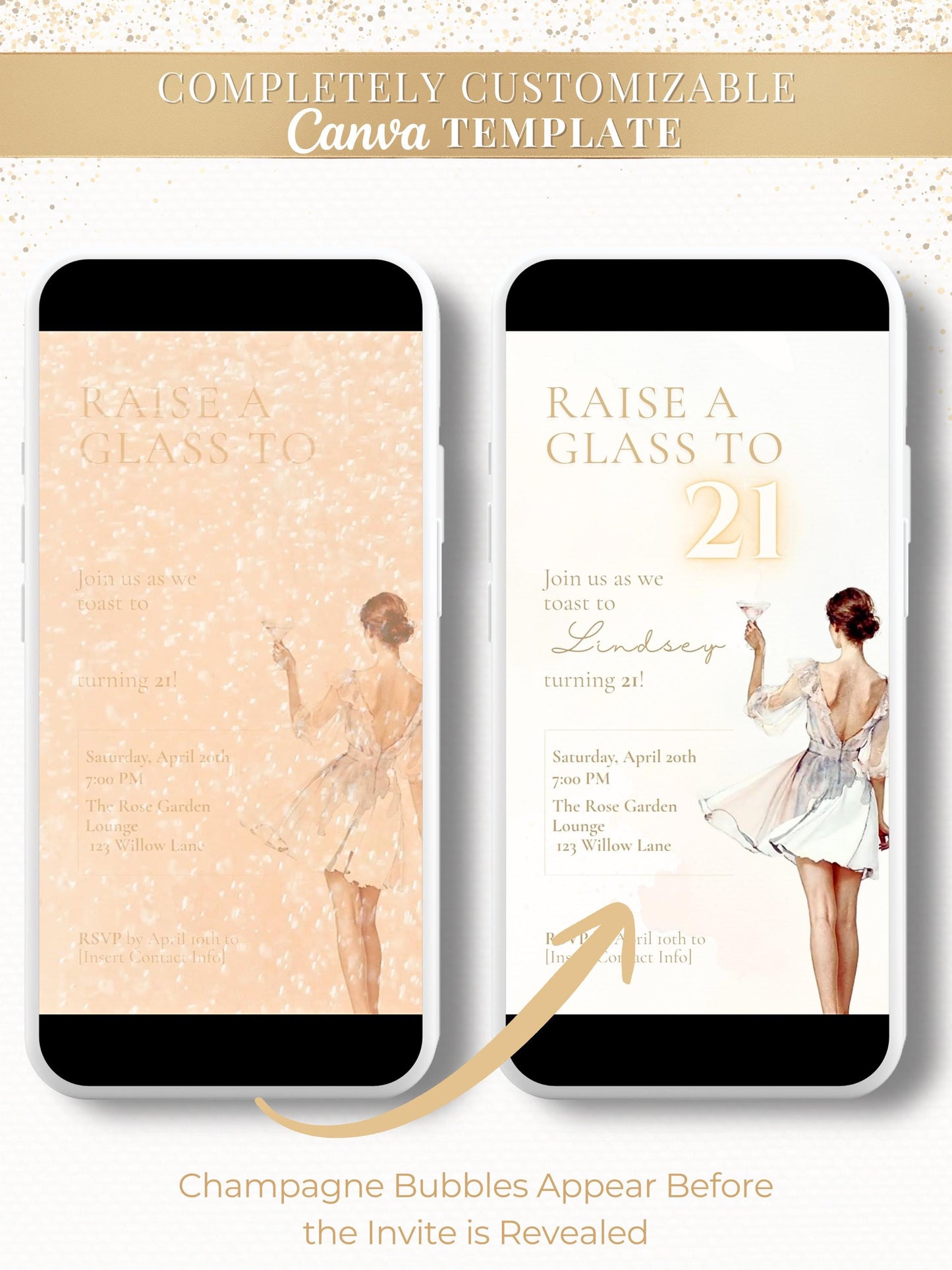 Animated 21st Birthday Invitation (Instant Download Editable Canva Template) Raise a Glass Champagne Theme Evite for WhatsApp or Text