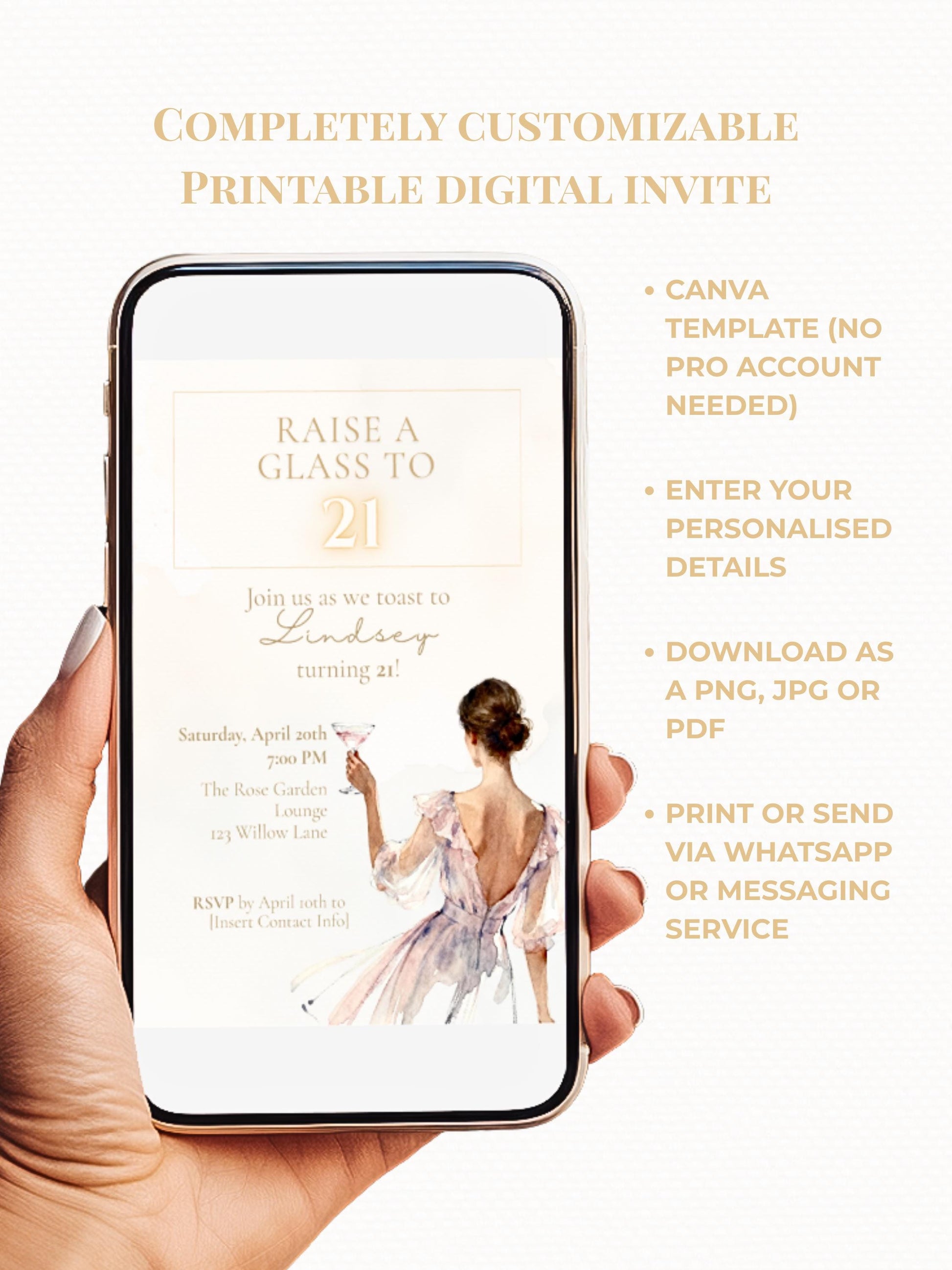 21st Birthday Invitation (Editable Instant Download Canva Template) - Raise a Glass Champagne Printable - Digital Invite Customizable Evite