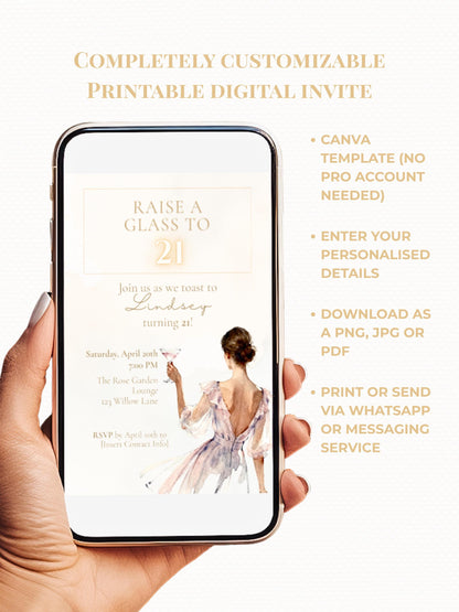 21st Birthday Invitation (Editable Instant Download Canva Template) - Raise a Glass Champagne Printable - Digital Invite Customizable Evite