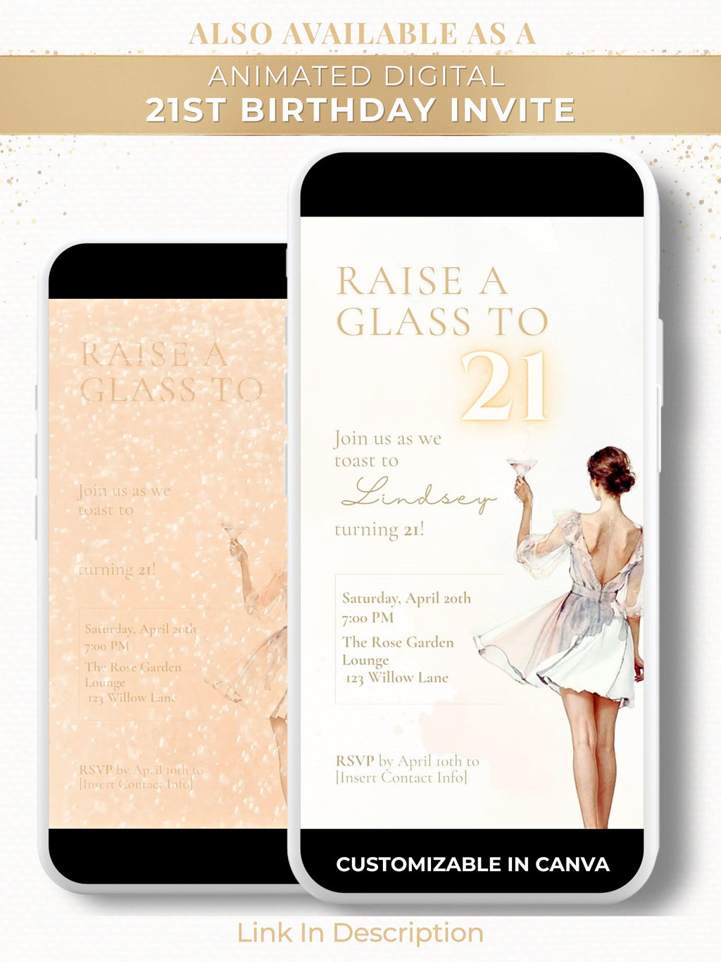 21st Birthday Invitation (Editable Instant Download Canva Template) - Raise a Glass Champagne Printable - Digital Invite Customizable Evite