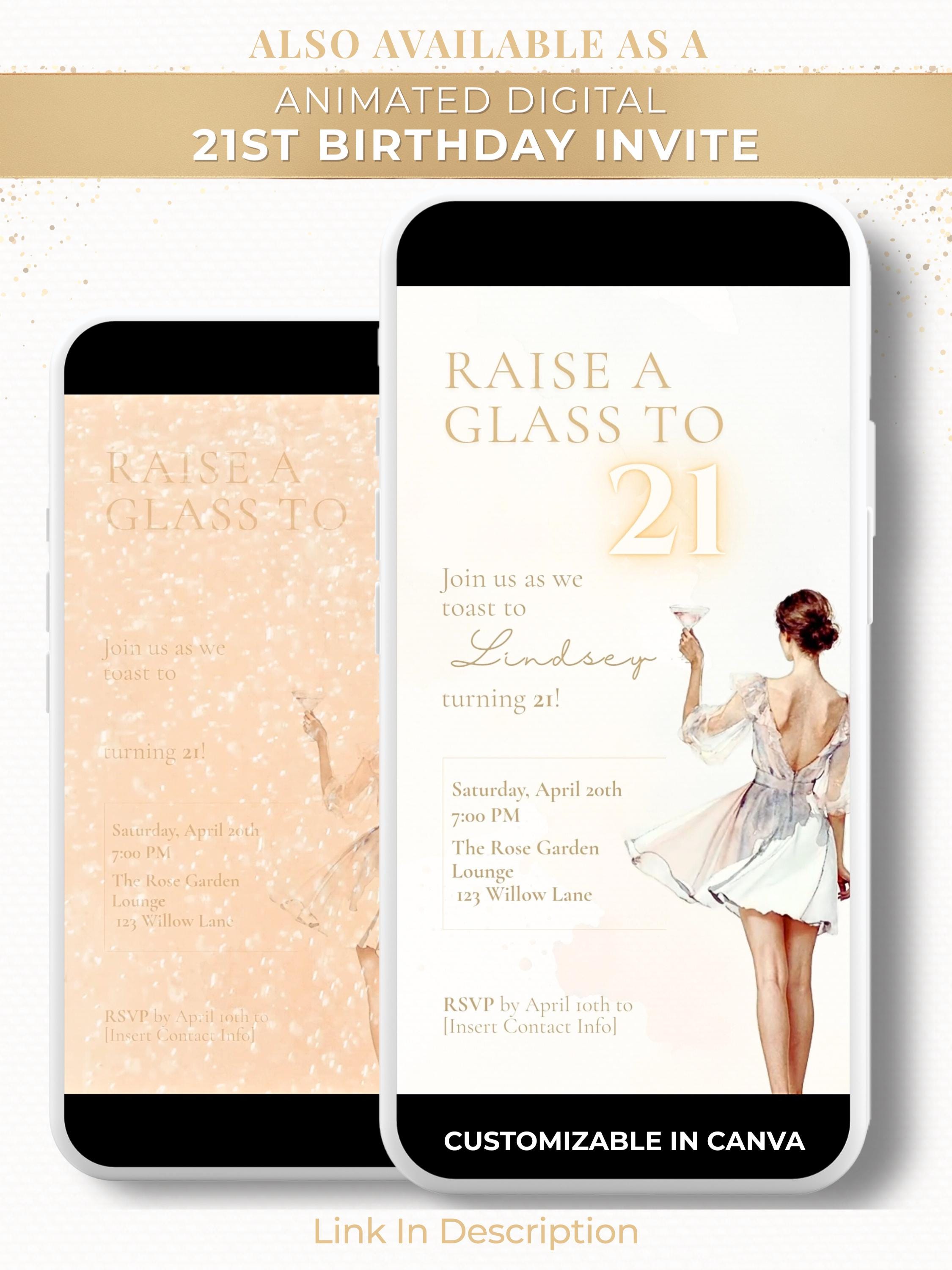 21st Birthday Invitation (Editable Instant Download Canva Template) - Raise a Glass Champagne Printable - Digital Invite Customizable Evite