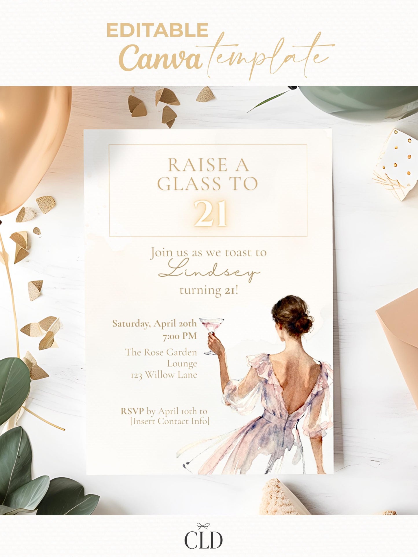 21st Birthday Invitation (Editable Instant Download Canva Template) - Raise a Glass Champagne Printable - Digital Invite Customizable Evite
