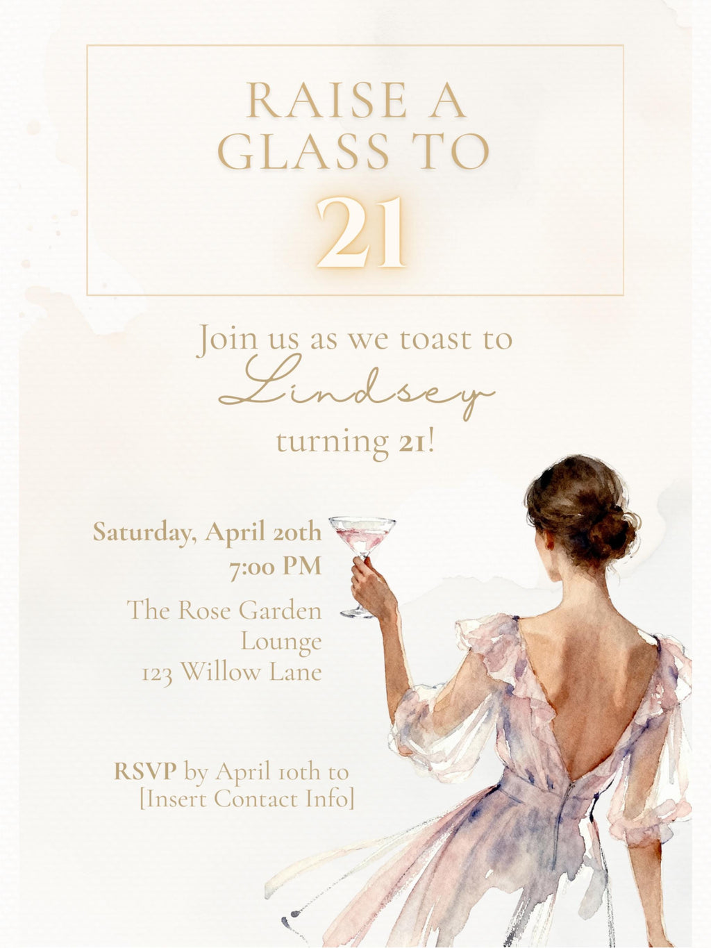 21st Birthday Invitation (Editable Instant Download Canva Template) - Raise a Glass Champagne Printable - Digital Invite Customizable Evite
