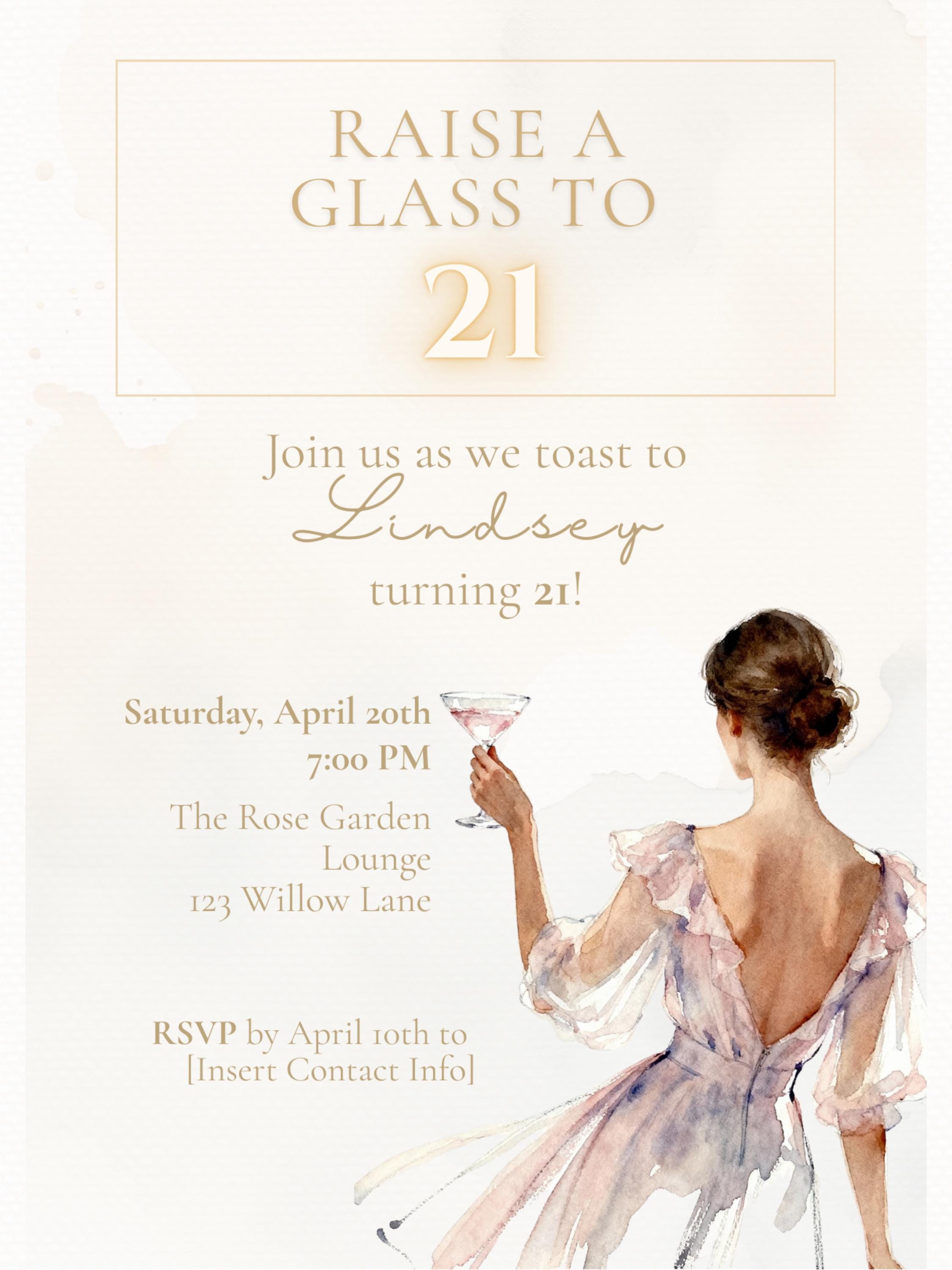 21st Birthday Invitation (Editable Instant Download Canva Template) - Raise a Glass Champagne Printable - Digital Invite Customizable Evite