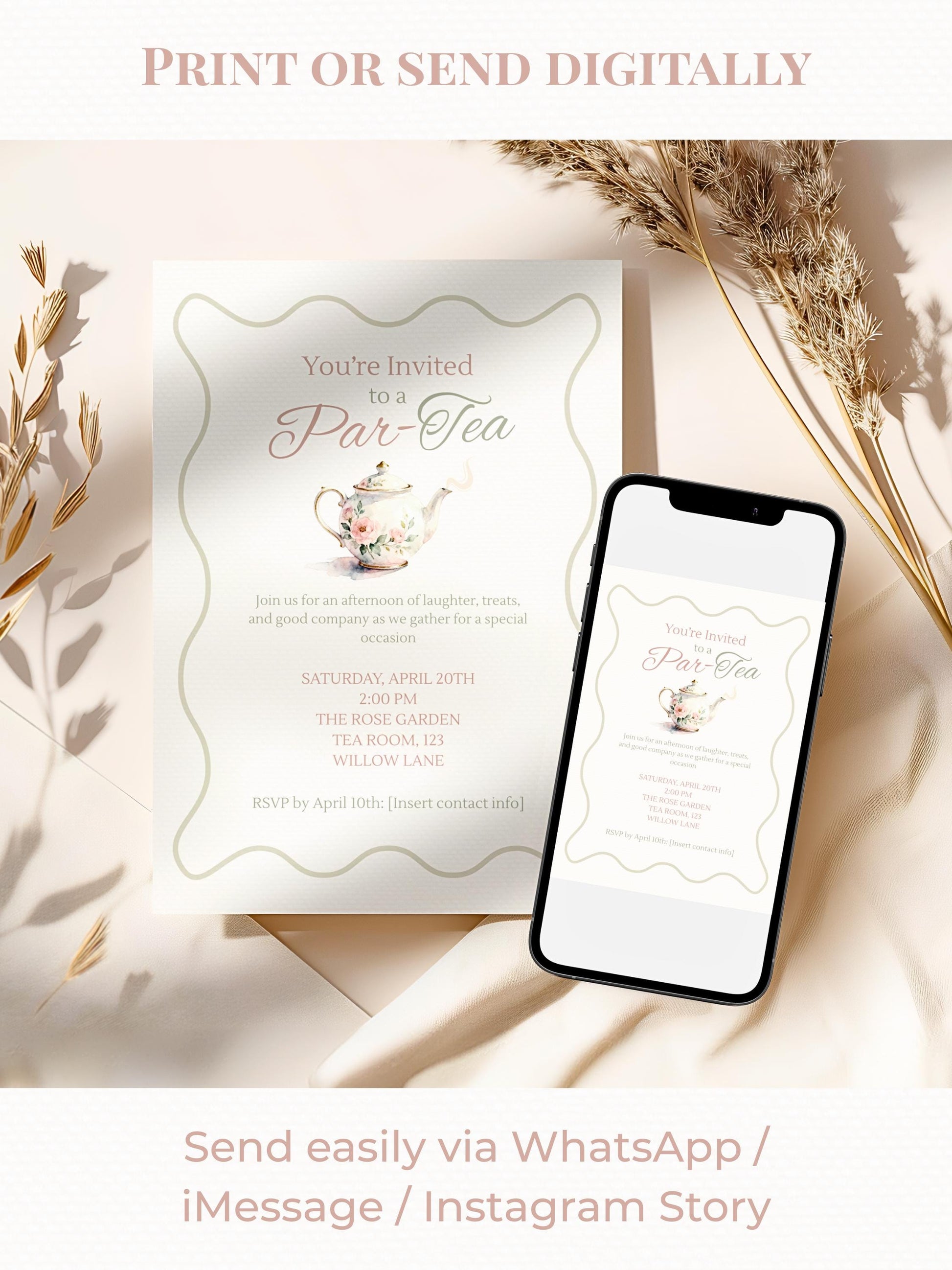 Elegant printable tea party invitation template featuring a vintage watercolor teapot with floral design and scalloped border. Customizable digital download for birthdays, bridal showers, baby showers, or afternoon tea gatherings