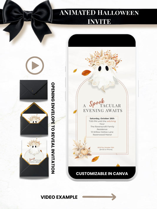 Elegant animated Halloween digital evite mockup featuring a black velvet ribbon banner with text ‘Animated Halloween Invite.’ The design shows a phone screen with a customizable Canva invitation template, decorated with a cute ghost and neutral florals. On the left, three envelope animations display the invitation opening sequence. Minimal beige background with modern text reading ‘Video Example’ at the bottom