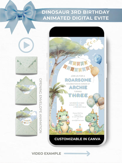 3rd Dinosaur Birthday animated digital evite displayed on a phone mockup with envelope animation preview and two cute cartoon dinosaurs holding cupcakes, customizable in Canva