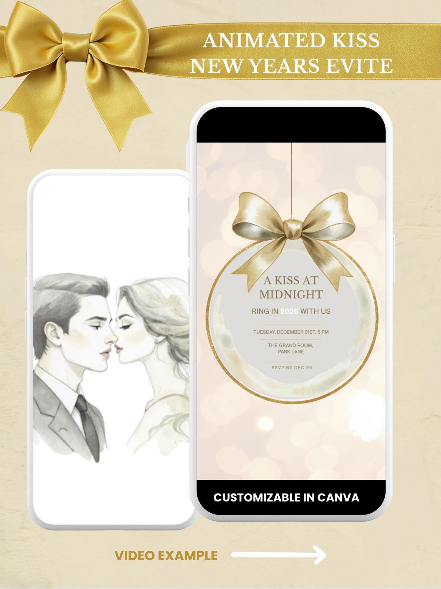 Animated New Year’s Eve invitation featuring romantic watercolor couple kissing, with golden fireworks revealing a champagne ornament design. Elegant gold digital evite, customizable in Canva