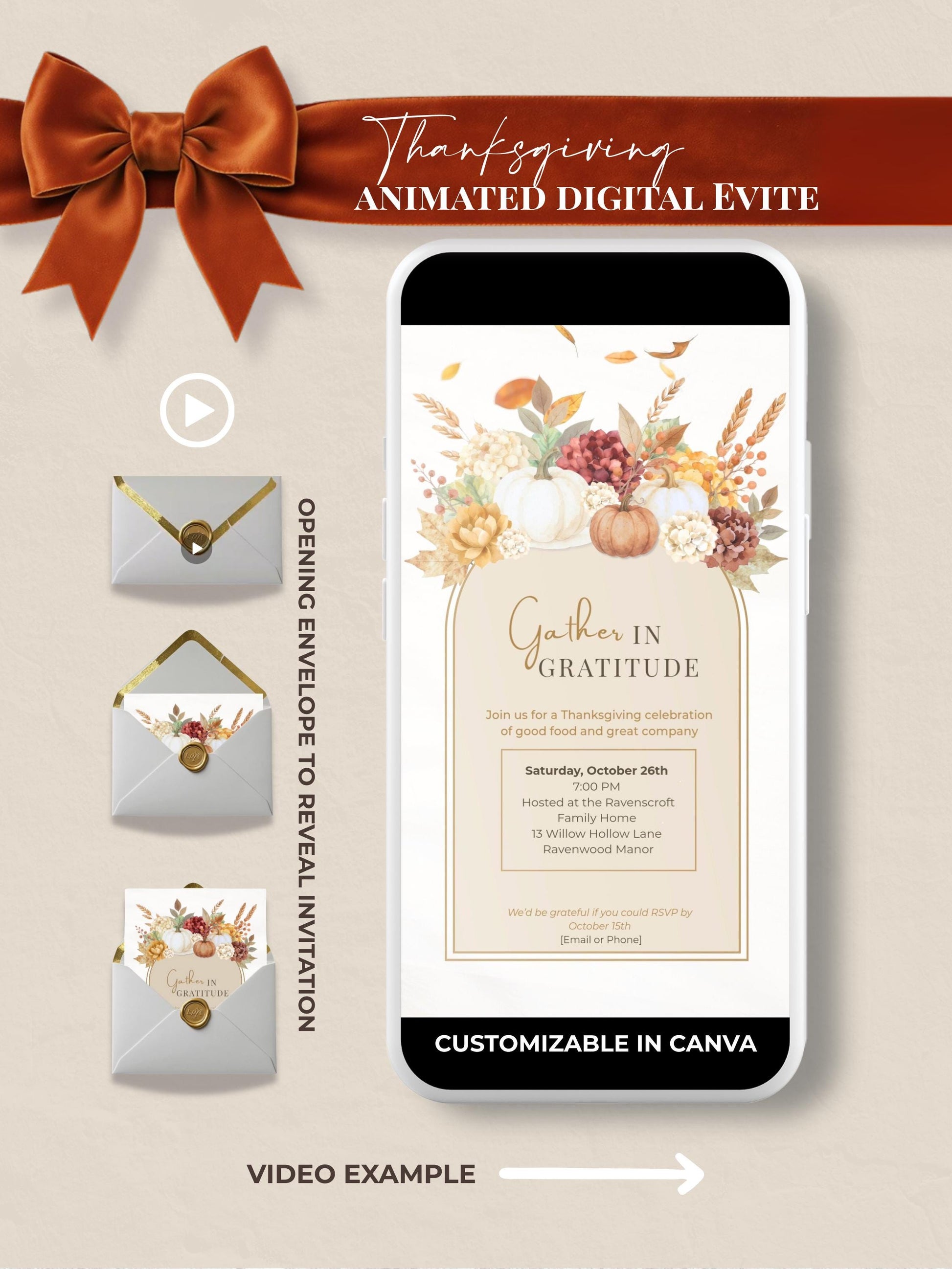 Vertical mockup of an animated Thanksgiving digital invitation template displayed on a smartphone and in a gold-trimmed opening envelope with autumn leaves and pumpkins, editable in Canva, MP4 video evite for WhatsApp or email