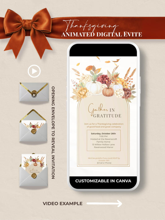 Vertical mockup of an animated Thanksgiving digital invitation template displayed on a smartphone and in a gold-trimmed opening envelope with autumn leaves and pumpkins, editable in Canva, MP4 video evite for WhatsApp or email