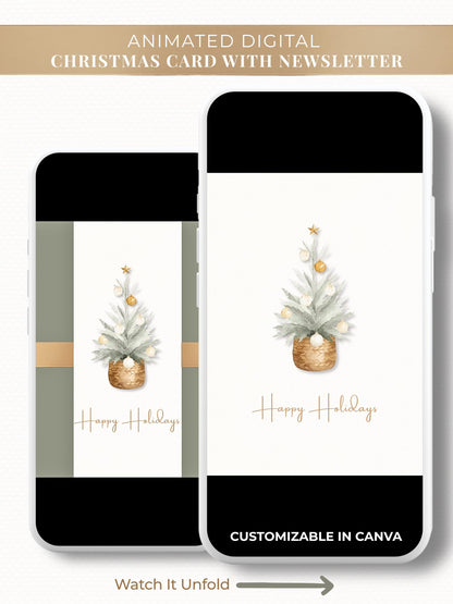 Animated Christmas card showing a tree with the words happy holidays. Opens to reveal card and family newsletter with photo. Customizable digital canva template.