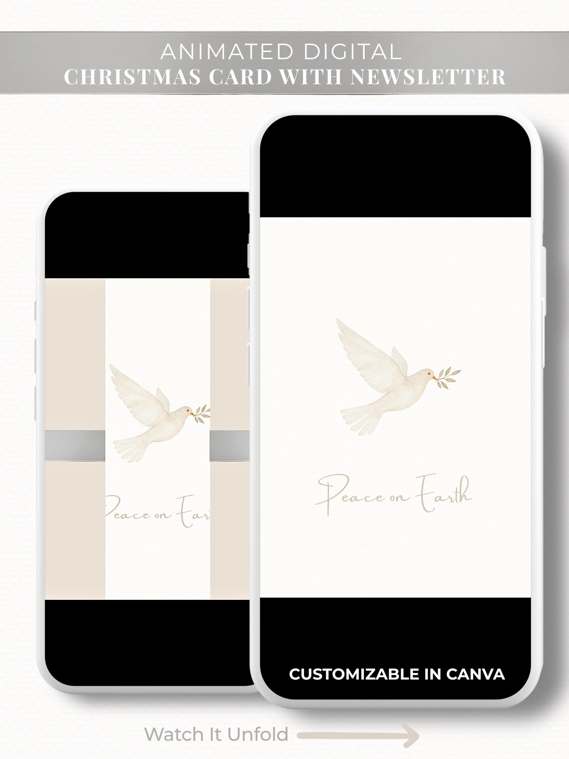 A animated christmas card depicting a dove carrying an olive branch with the words peace on earth across it. A gift like opening reveals the card and then shows a family newsletter and photo update. A canva digital template