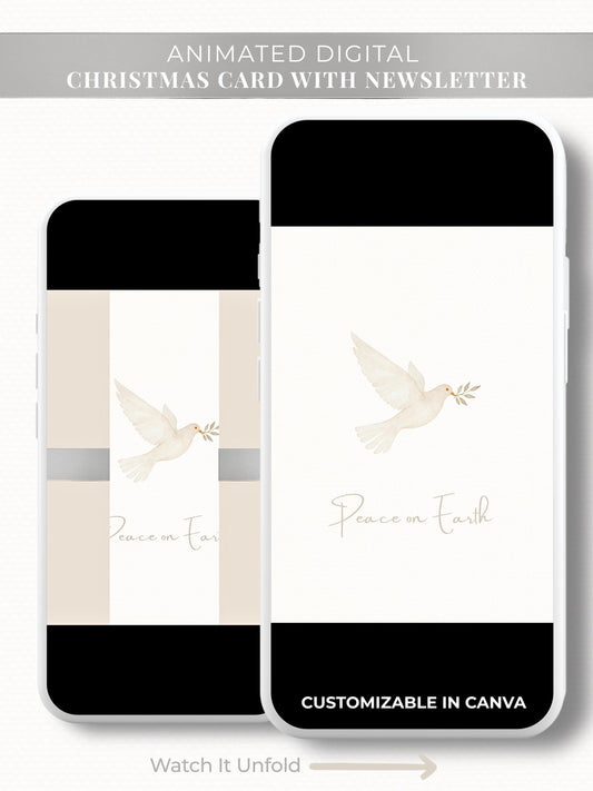 A animated christmas card depicting a dove carrying an olive branch with the words peace on earth across it. A gift like opening reveals the card and then shows a family newsletter and photo update. A canva digital template