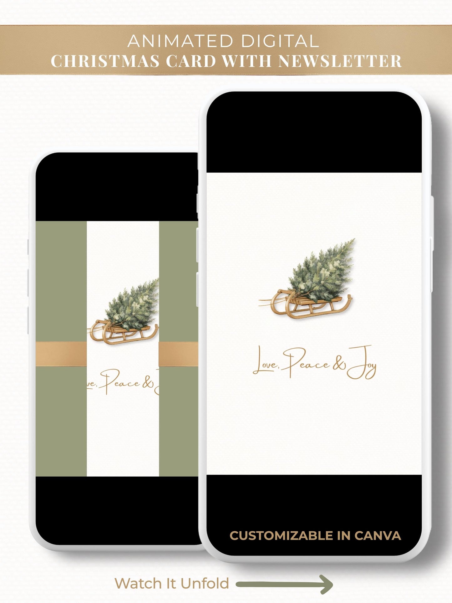 Animated Christmas card with watercolor sled and tree saying love, peace, and joy. Opens to reveal a christmas card and a family newsletter with photo update. Canva digital customizable template
