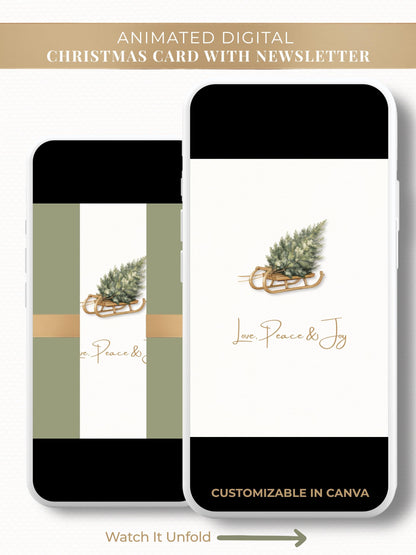 Animated Christmas card with watercolor sled and tree saying love, peace, and joy. Opens to reveal a christmas card and a family newsletter with photo update. Canva digital customizable template