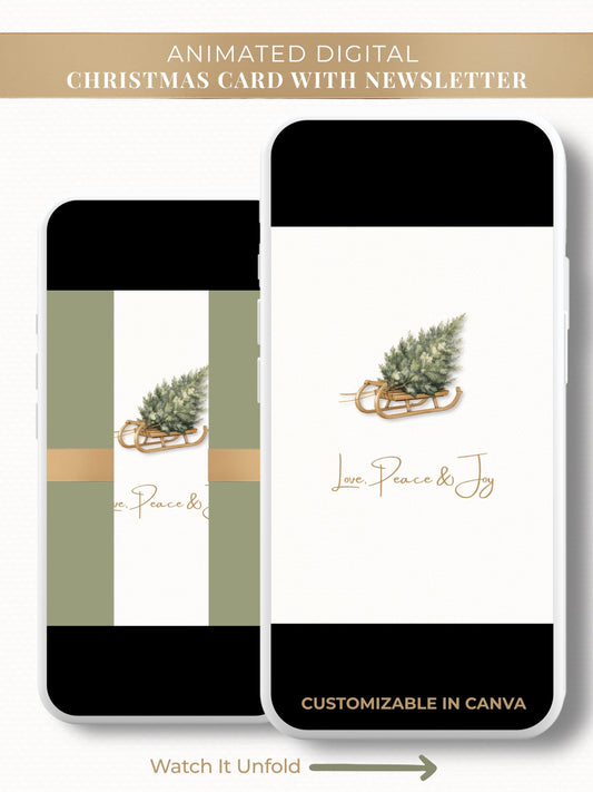 Animated Christmas card with watercolor sled and tree saying love, peace, and joy. Opens to reveal a christmas card and a family newsletter with photo update. Canva digital customizable template