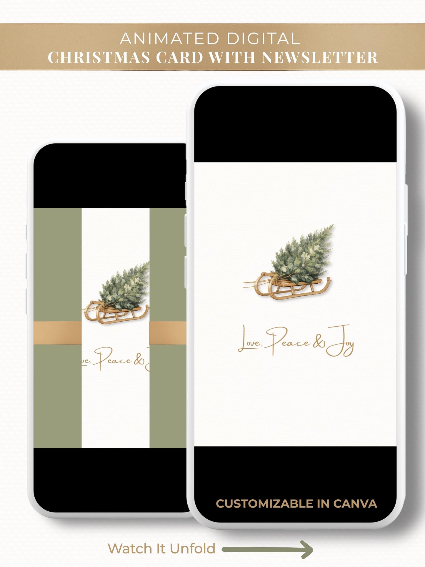 Animated Christmas card with watercolor sled and tree saying love, peace, and joy. Opens to reveal a christmas card and a family newsletter with photo update. Canva digital customizable template