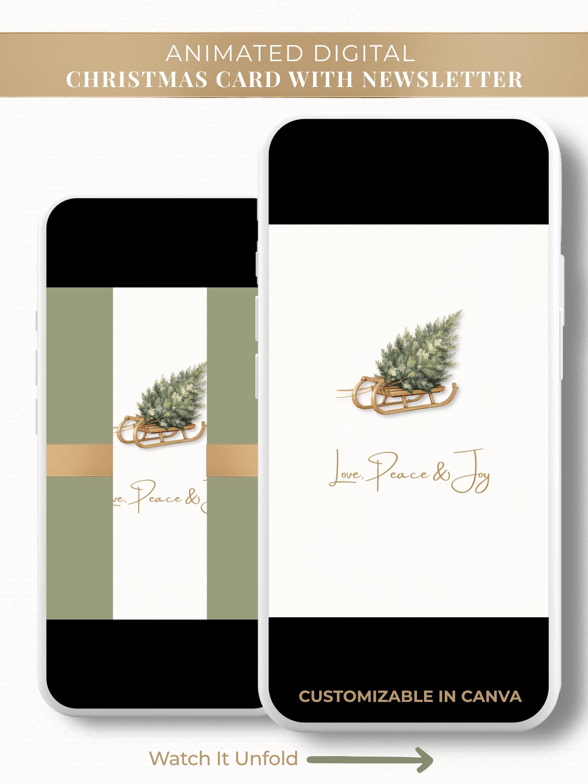 Animated Christmas card with watercolor sled and tree saying love, peace, and joy. Opens to reveal a christmas card and a family newsletter with photo update. Canva digital customizable template