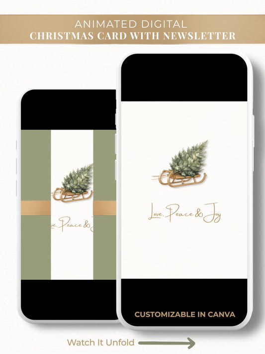 Animated Christmas card with watercolor sled and tree saying love, peace, and joy. Opens to reveal a christmas card and a family newsletter with photo update. Canva digital customizable template