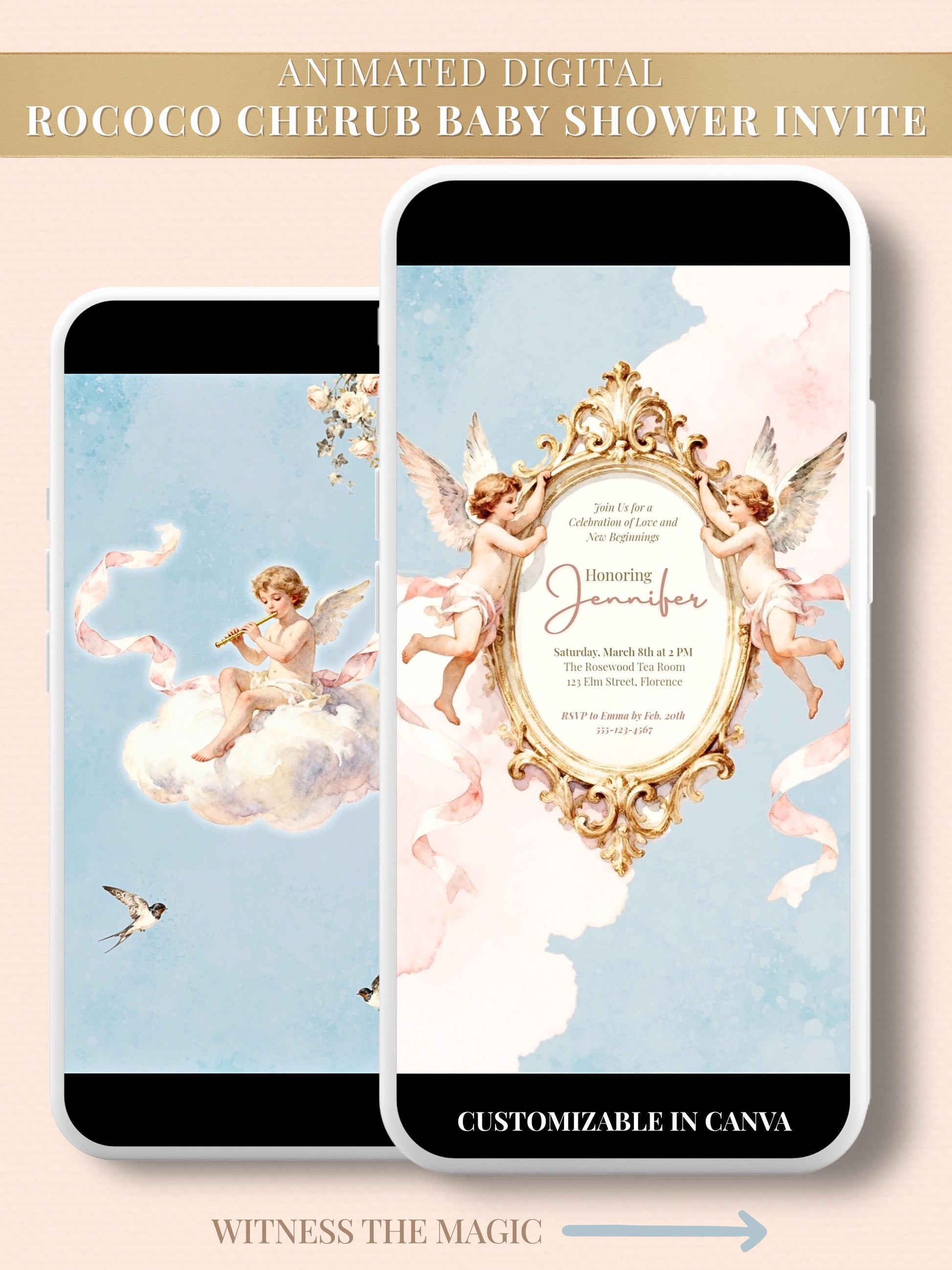 Animated Rococo cherub baby shower invitation mockup displayed on two smartphones, featuring cherubs holding a gold ornate frame with flowing ribbons on a pastel blue and pink watercolor background. Text overlay reads ‘Animated Digital Rococo Cherub Baby Shower Invite – Customizable in Canva