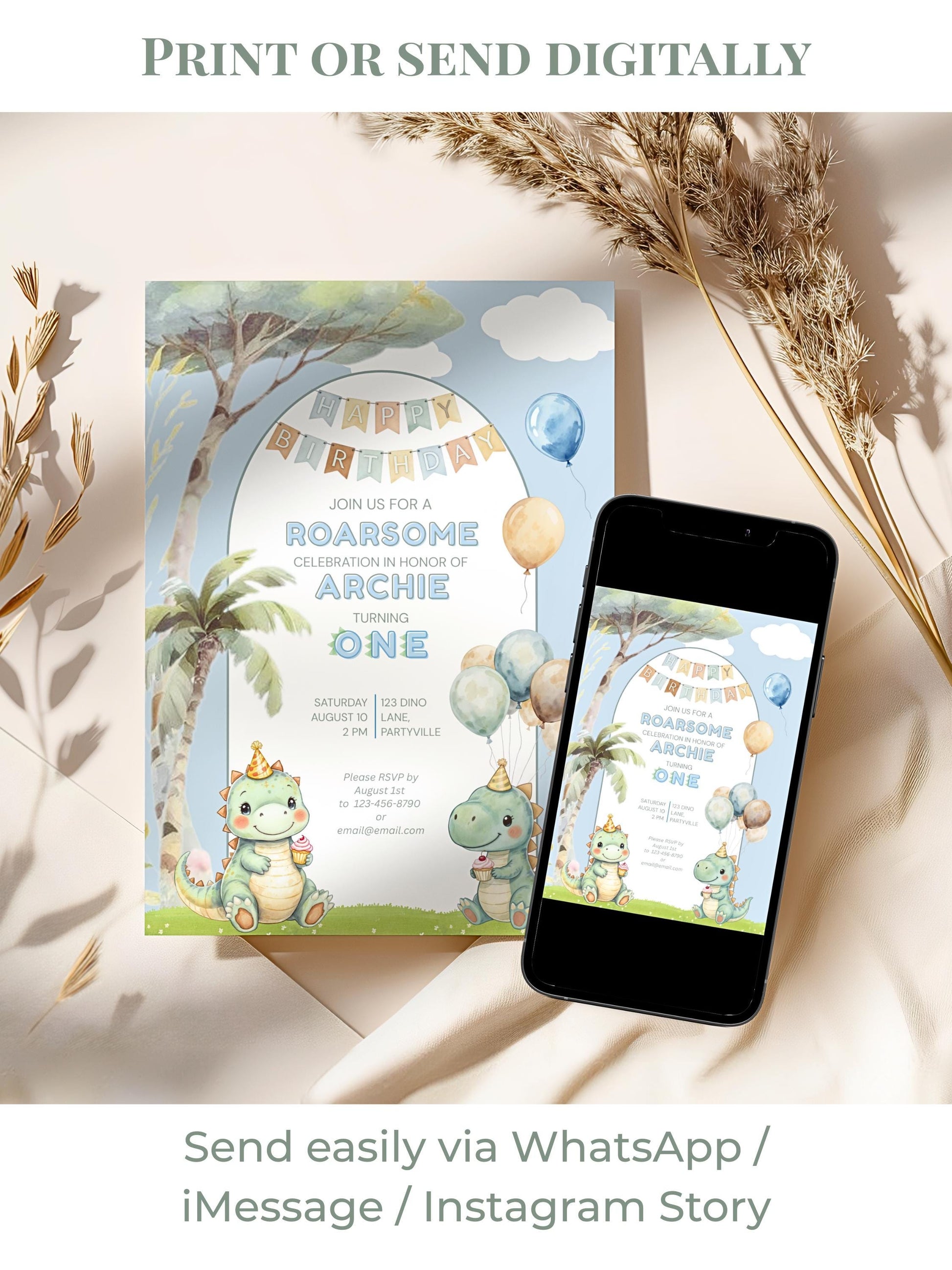 1st Birthday Dinosaur Invitation- Dino Themed (Editable Canva Template Instant Download) -Kids Birthday Party