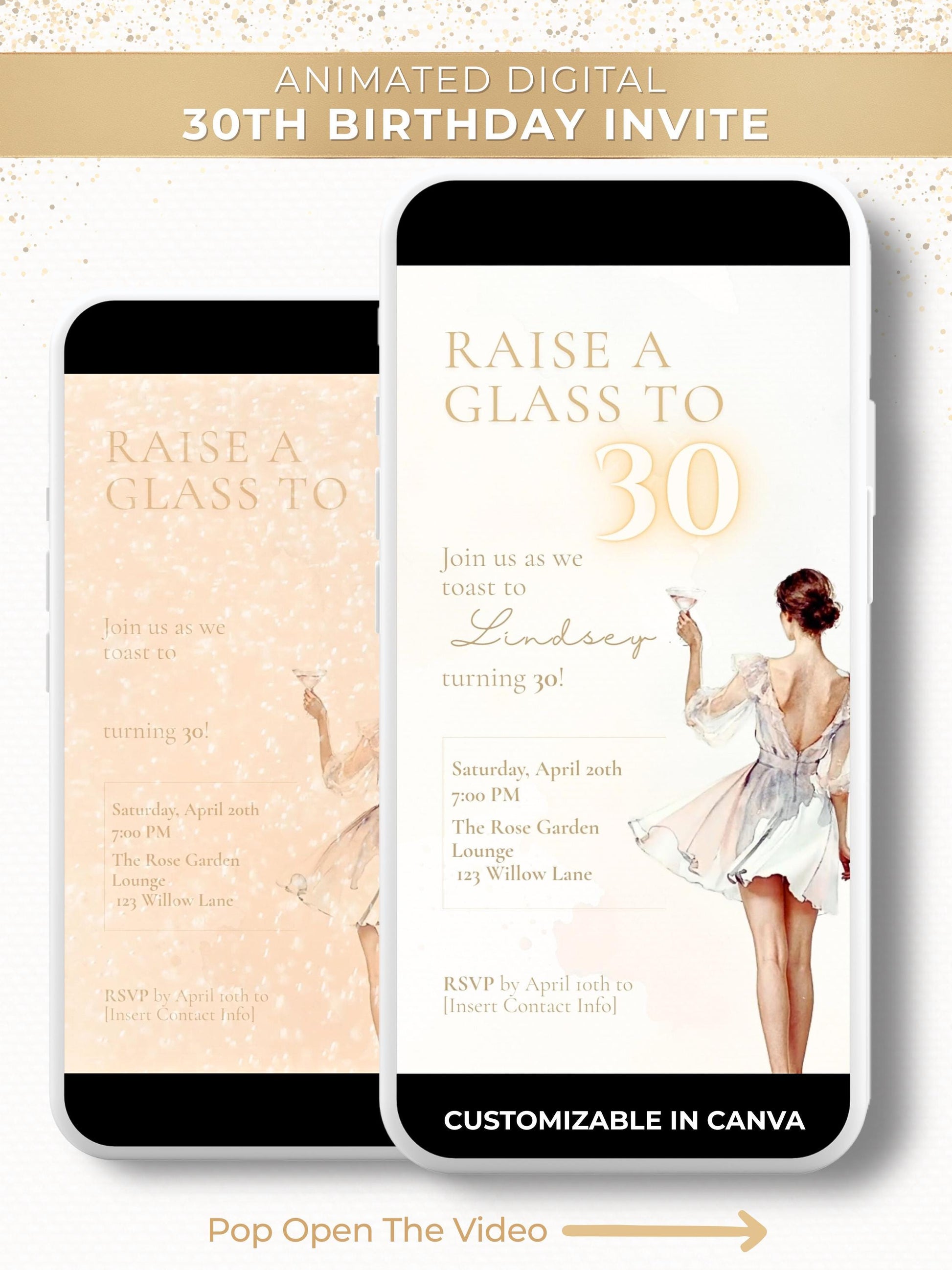 Animated digital 30th birthday invitation featuring a woman raising a champagne glass, elegant flowing dress, customizable Canva template, perfect for milestone celebrations