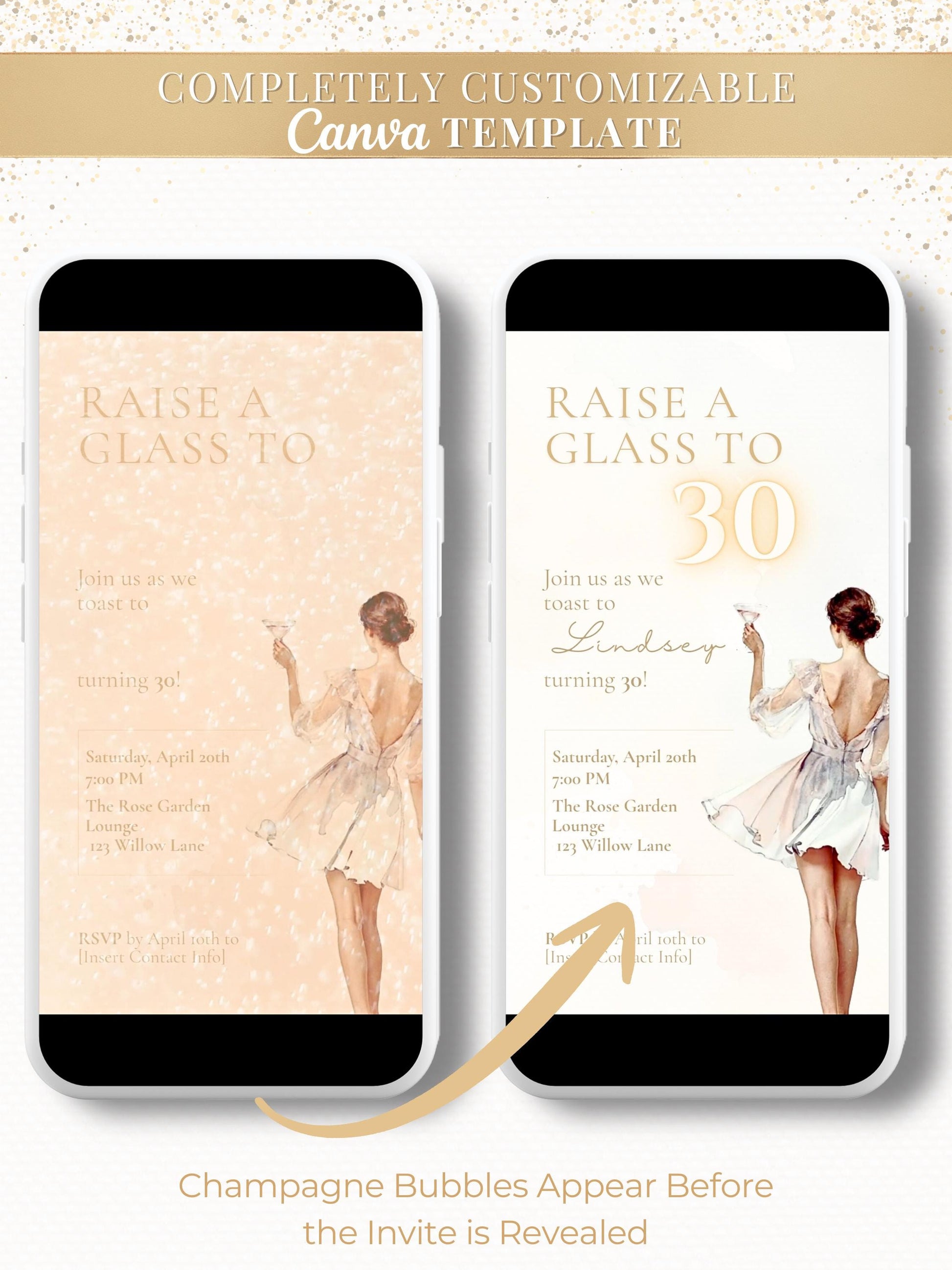 Animated 30th Birthday Invitation, Champagne Toast Digital Evite (Instant Download Editable Canva Template) Video Invite for WhatsApp/Text