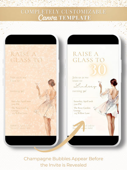 Animated 30th Birthday Invitation, Champagne Toast Digital Evite (Instant Download Editable Canva Template) Video Invite for WhatsApp/Text